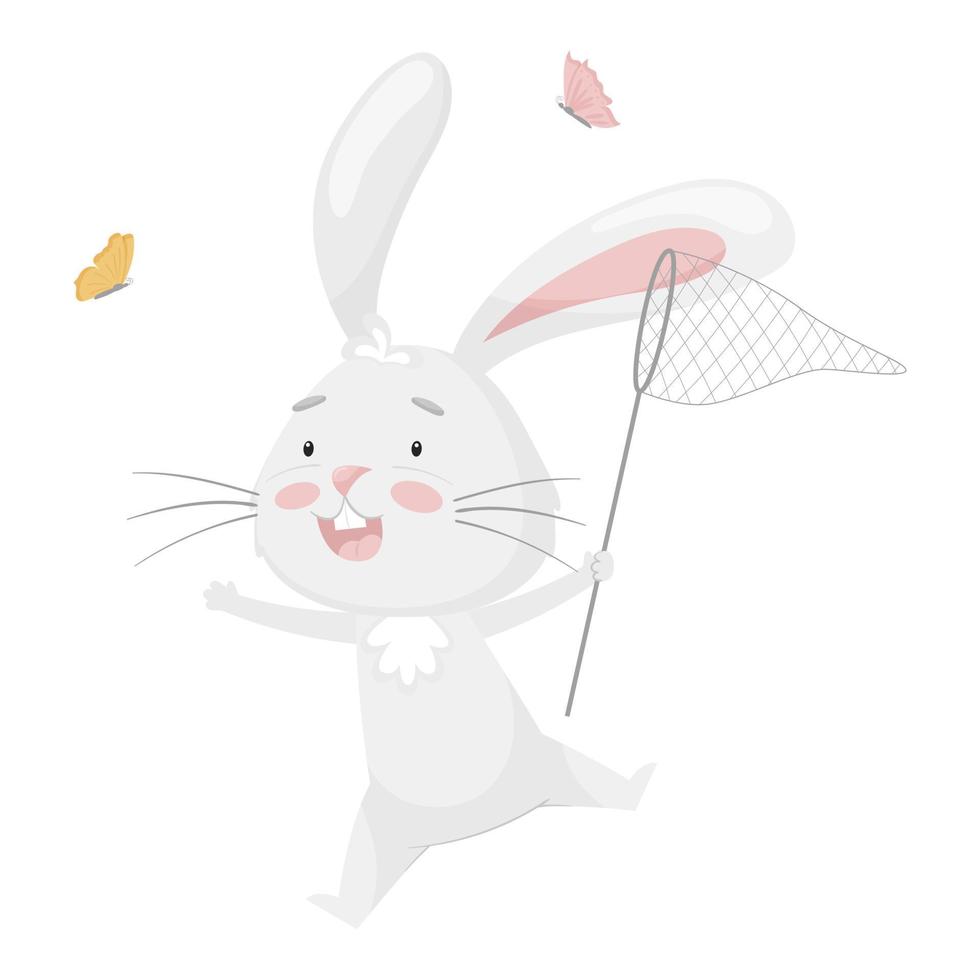 Cute funny rabbit catching butterflies with a net. Summer fun activity.Kids design. Adorable animal, character in pastel colors. For cards, clothes, t shirt print.Vector illustration isolated on white vector