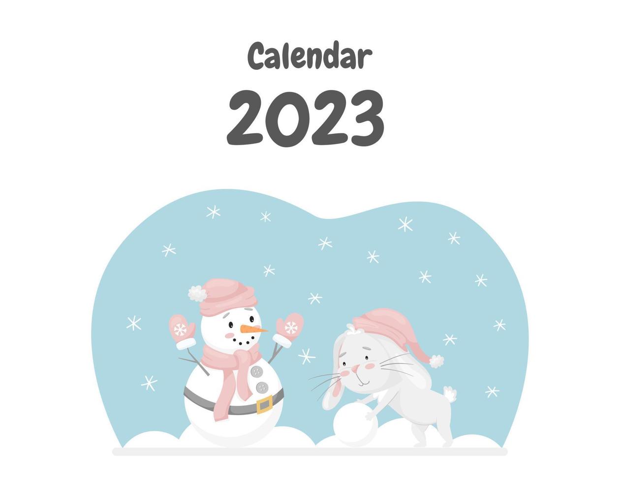 la portada del calendario para 2023 con un lindo conejo, el símbolo chino del año. conejo rueda una bola de nieve, hace un muñeco de nieve. actividad divertida de invierno. ilustración vectorial para niños sobre un fondo blanco vector