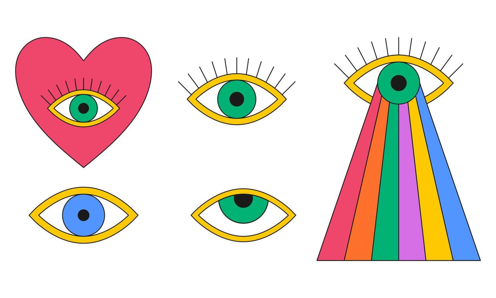 A set with abstract eyes, with a heart, with a rainbow. Signs, symbols of the 80s, 90s. A color vector illustration with an outline, isolated on a white background.