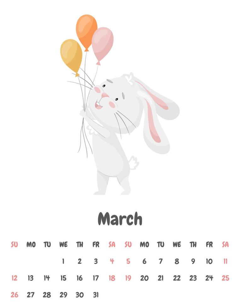 The calendar page for the month of March 2023 with a cute smiling rabbit holding festive balloons in its paws. Adorable animal, a character in pastel colors. Vector illustration on a white background