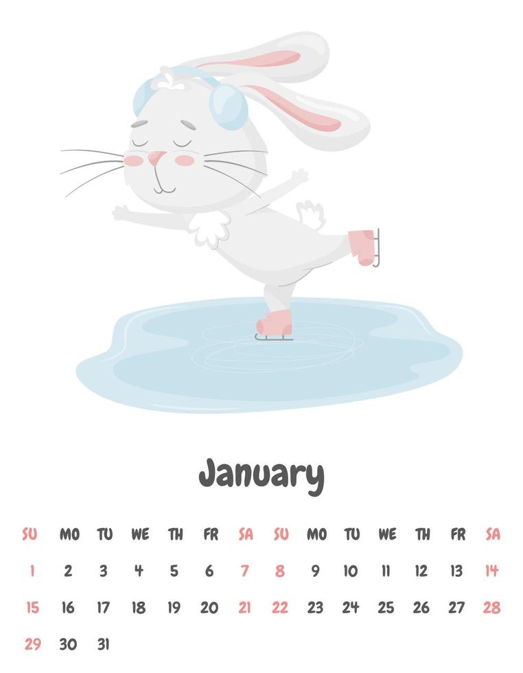 Calendar page for the month of January 2023 with a cute rabbit skating on an ice rink wearing headphones. Adorable animal, a character in pastel colors. Vector illustration on a white background