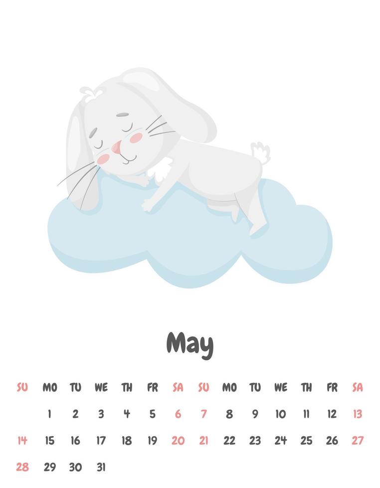 Calendar page for the month of May 2023 with a cute smiling rabbit sleeping on a cloud. Adorable animal, a character in pastel colors. Children's calendar. Vector illustration on a white background.