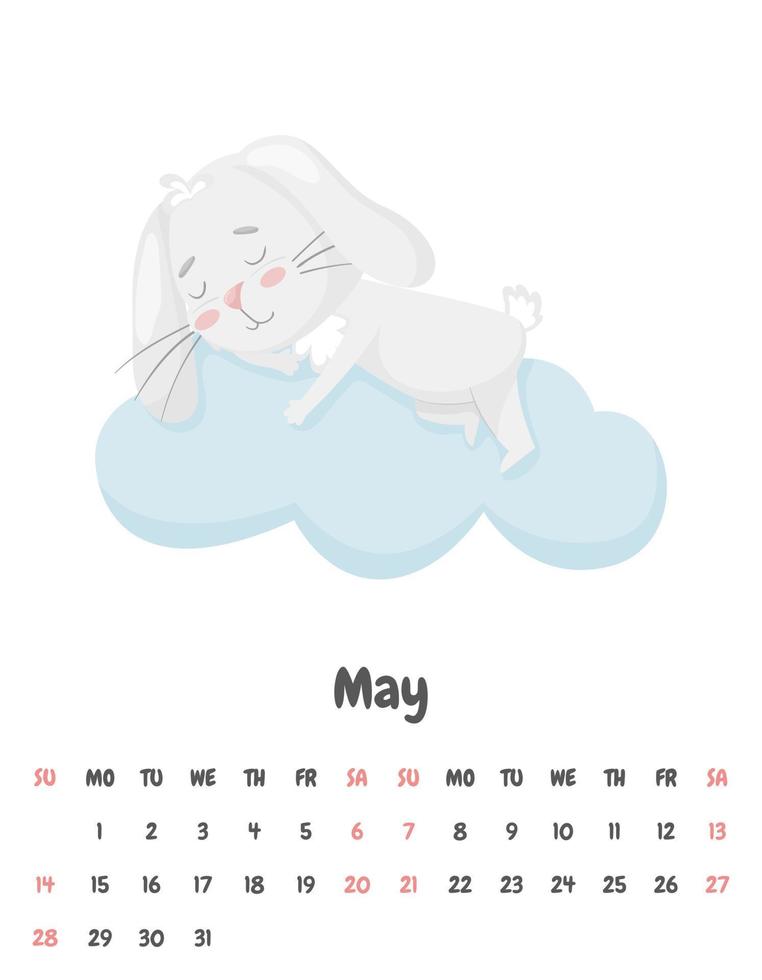 página de calendario para el mes de mayo de 2023 con un lindo conejo sonriente durmiendo en una nube. adorable animal, un personaje en colores pastel. calendario infantil. ilustración vectorial sobre un fondo blanco. vector