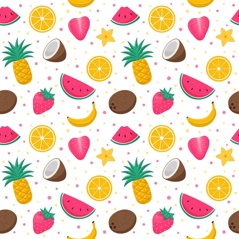 Bright summer seamless pattern with exotic, tropical fruits, berries and flowers. Orange, pineapple, watermelon, banana. Vector illustrations in a flat cartoon style on a white background.