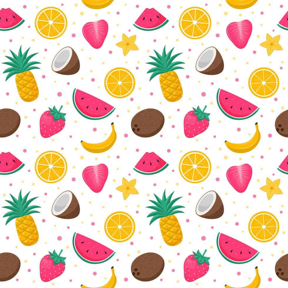 Bright summer seamless pattern with exotic, tropical fruits, berries and flowers. Orange, pineapple, watermelon, banana. Vector illustrations in a flat cartoon style on a white background.