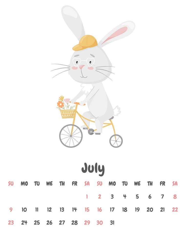 Calendar page for the month of July 2023 with a cute smiling rabbit riding a bicycle with a basket of flowers. Adorable animal, a character in pastel colors. Vector illustration on a white background.