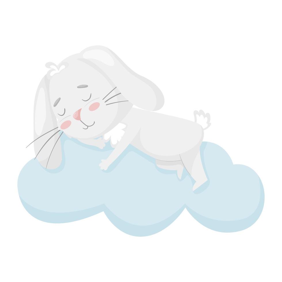 Cute smiling rabbit sleeping on a cloud. Kids design. Good night poster. Adorable animal, character in pastel colors. For cards, clothes, t shirt print. Vector illustration on white background