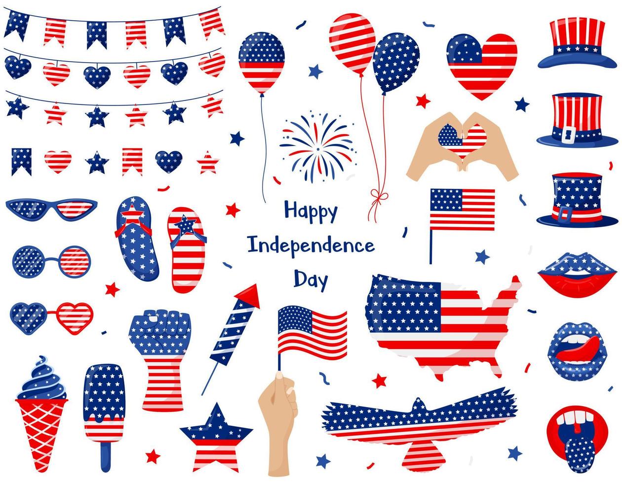 A set of elements for celebrating the Independence Day of the USA. Patriotic symbols in colors of American flag. July 4th. For greeting card, t shirt print, web design. Vector illustration on white.