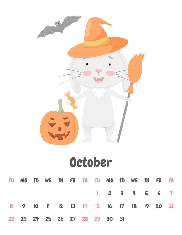 Calendar page for October 2023 with a cute smiling rabbit in a hat, with a broom and a Halloween pumpkin. Adorable animal, character in pastel colors. Children's calendar. Vector illustration on white