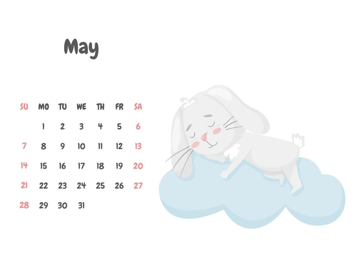 Calendar page for the month of May 2023 with a cute smiling rabbit sleeping on a cloud. Adorable animal, a character in pastel colors. Children's calendar. Vector illustration on a white background.