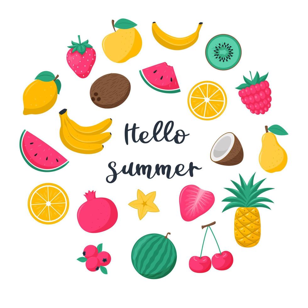 composición en forma de círculo con brillantes frutas y bayas tropicales de verano. fresa, naranja, sandía, granada, kiwi. ilustraciones vectoriales en un estilo de dibujos animados planos aislados en un fondo blanco. vector