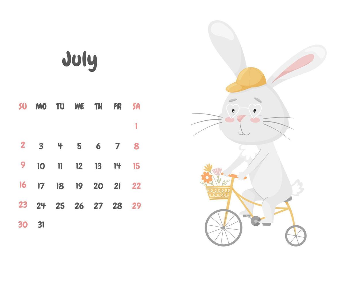 Calendar page for the month of July 2023 with a cute smiling rabbit riding a bicycle with a basket of flowers. Adorable animal, a character in pastel colors. Vector illustration on a white background.