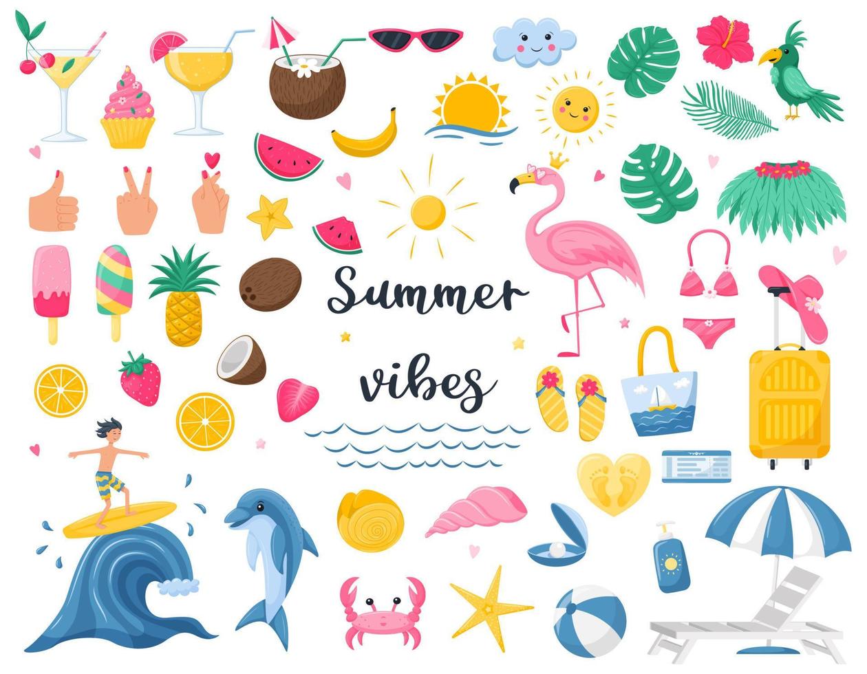 un conjunto de elementos decorativos de verano brillante. fruta, accesorios de playa, flamenco, surfista, fruta. lindas ilustraciones vectoriales en estilo de caricatura plana aisladas en fondo blanco. vector