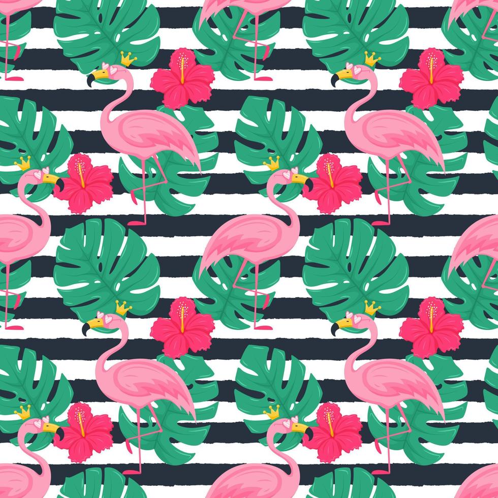 Summer seamless pattern with pink flamingo in a crown and sunglasses, monstera leaves, hibiscus flowers. Bright vector illustrations in a flat cartoon style on a background with dark texture stripes.