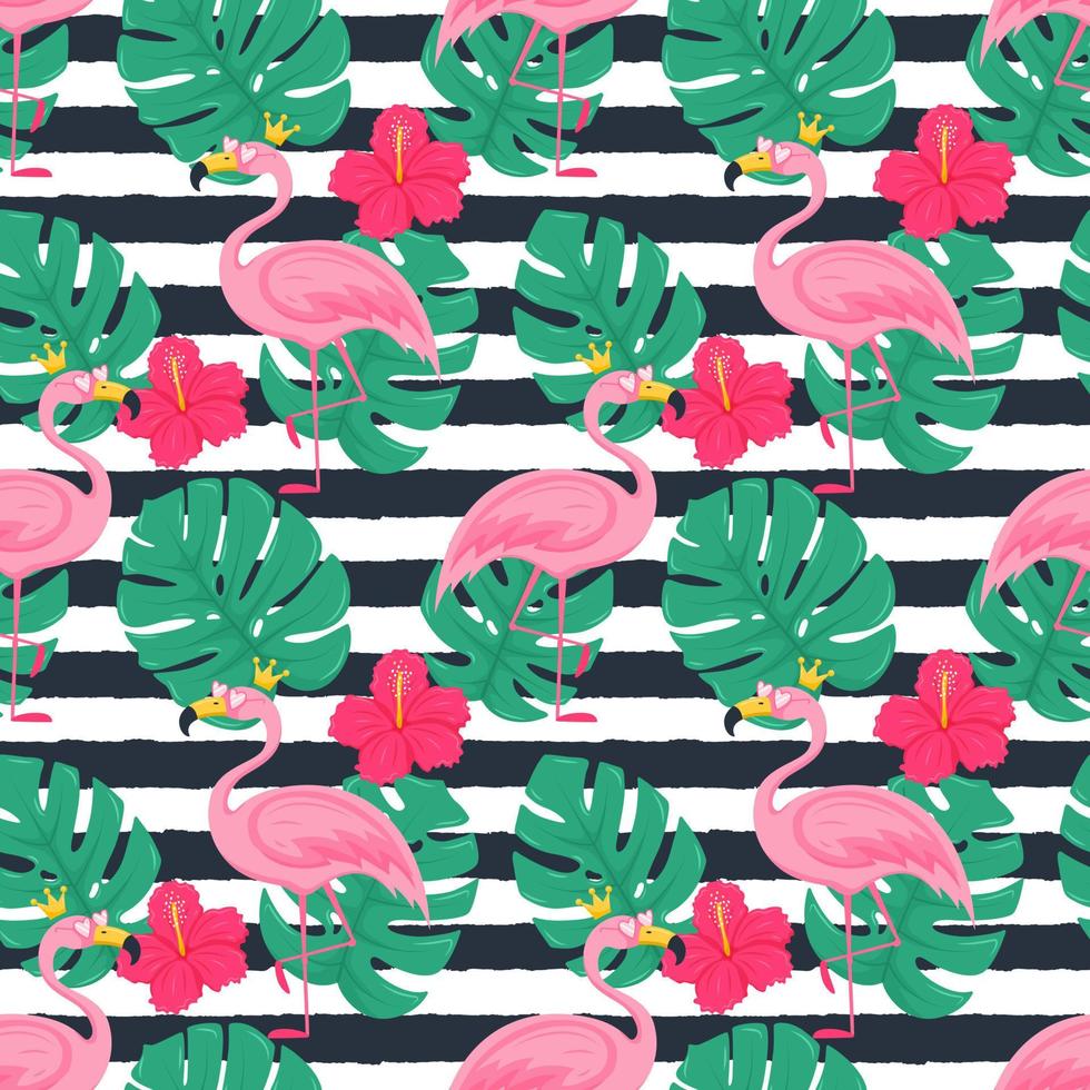 Summer seamless pattern with pink flamingo in a crown and sunglasses, monstera leaves, hibiscus flowers. Bright vector illustrations in a flat cartoon style on a background with dark texture stripes.