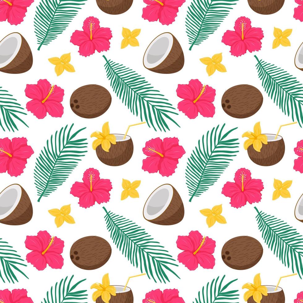 Bright summer seamless pattern with exotic, tropical fruits, flowers and palm leaves. Coconut, hibiscus and coconut cocktail. Vector illustrations in a flat cartoon style on a white background.