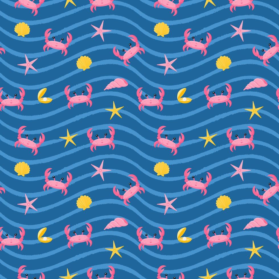 Seamless pattern with starfish, crabs, shells and pearls. Cute characters and elements. For summer, beach textiles and accessories. Vector illustration in a flat cartoon style on dark blue with waves