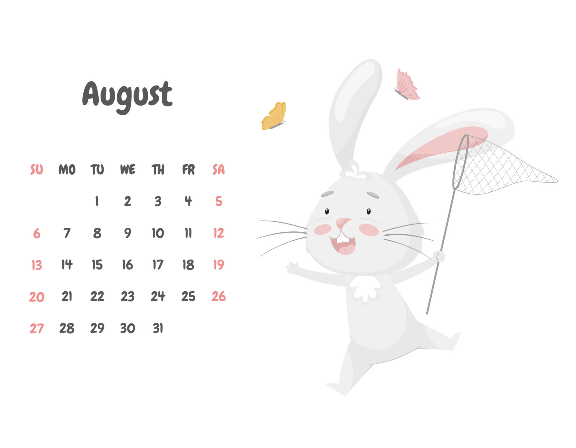 Calendar page for the month of august 2023 with a cute funny rabbit