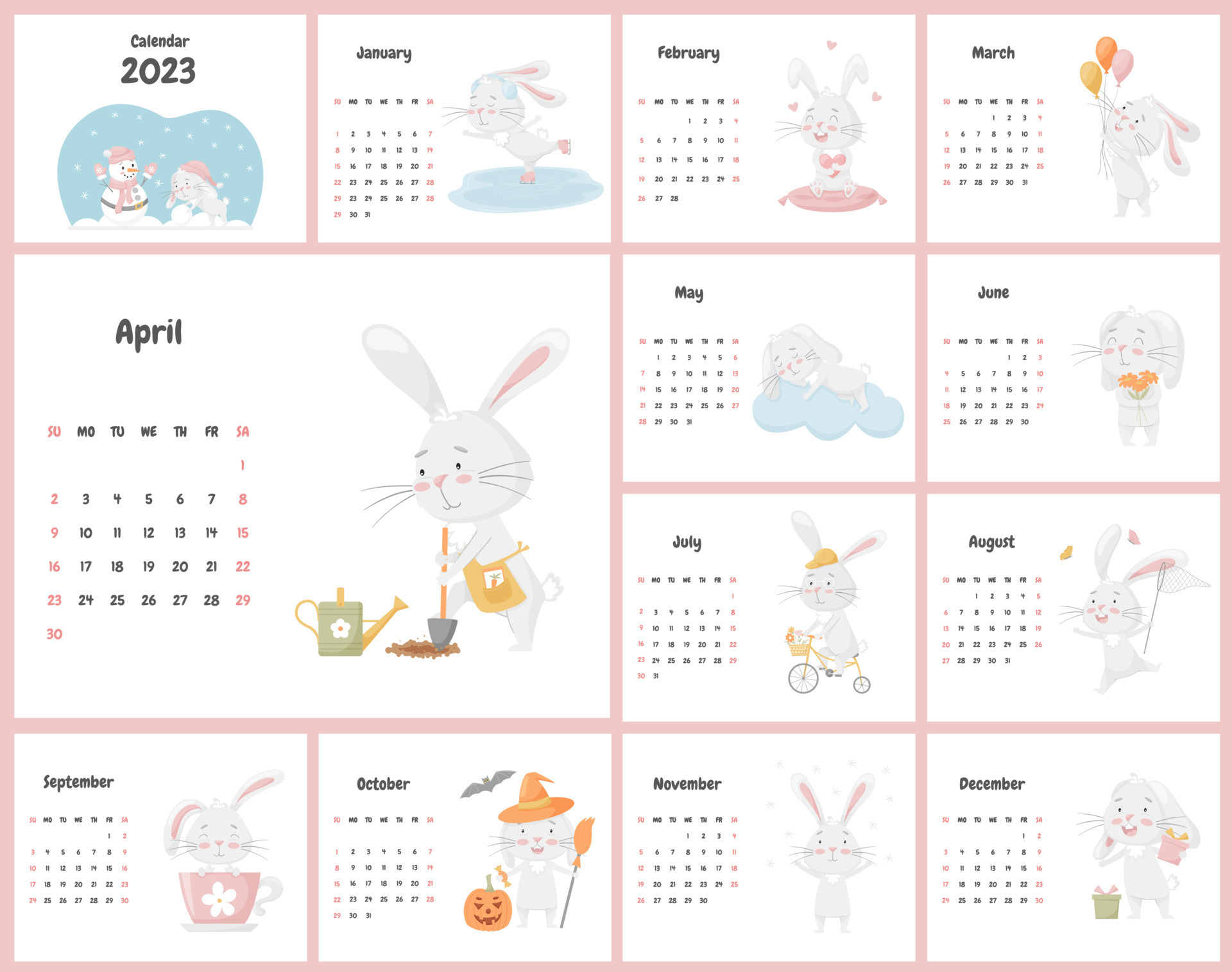 calendario 2023 con lindo conejo. Calendario de páginas verticales de 12  meses símbolo de mascota de personaje de liebre año. lindo conejito 2023 al  calendario chino. ilustración vectorial 8568191 Vector en Vecteezy