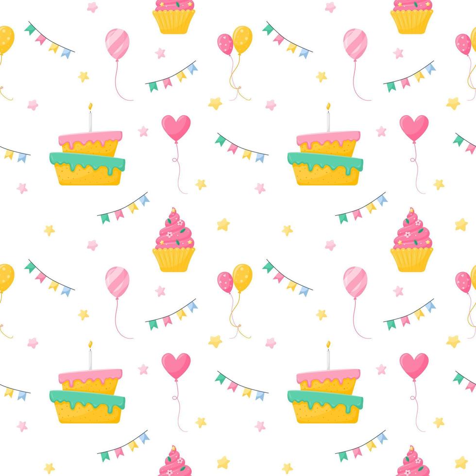 A festive seamless pattern with cute elements. Cake, balloons, flags and cake, hearts and stars. Symbols of holiday, celebration. Vector illustrations in a flat cartoon style on a white background.