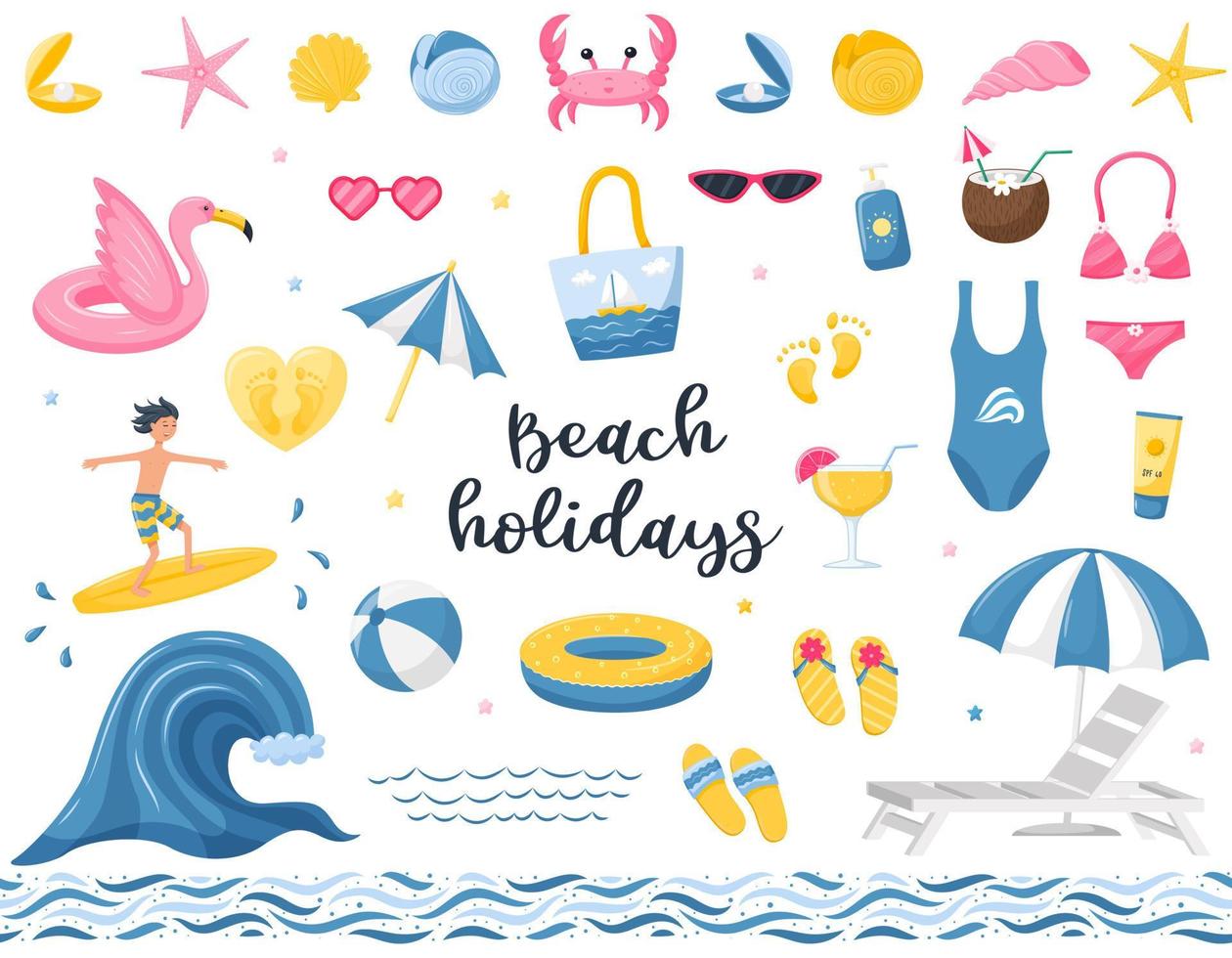 A set of summer beach, decorative elements. Beach bag, flamingo lifebuoy, diving mask, and fins. Seamless border with abstract designs. Vector illustrations in a flat cartoon style isolated on white.