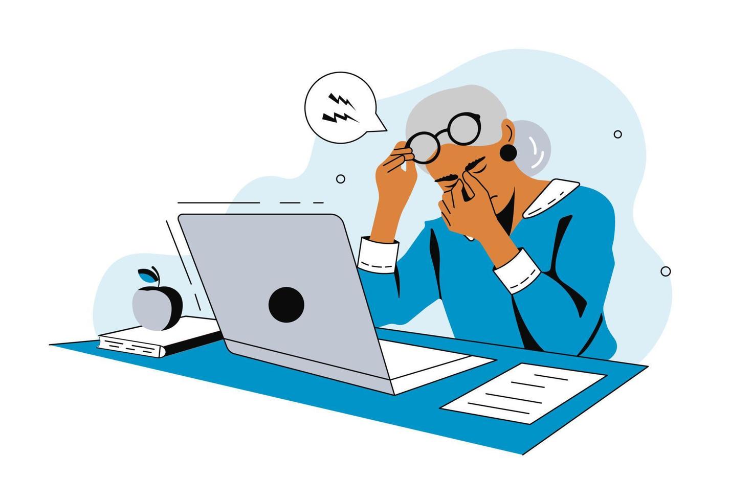 Elderly woman is Tired of working on a laptop. Tired character.  Concept of Eye Health while working at the computer. Flat graphics, vector illustration.