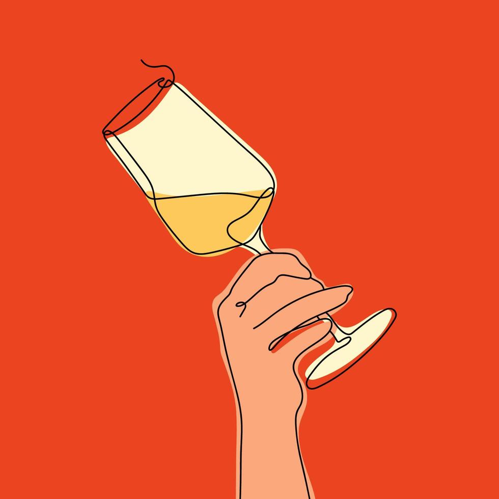 dibujo de línea continua de la mano que sostiene el vino. dibujo de una línea de color continuo. perfecto como decoración de arte de pared. ilustración vectorial vector