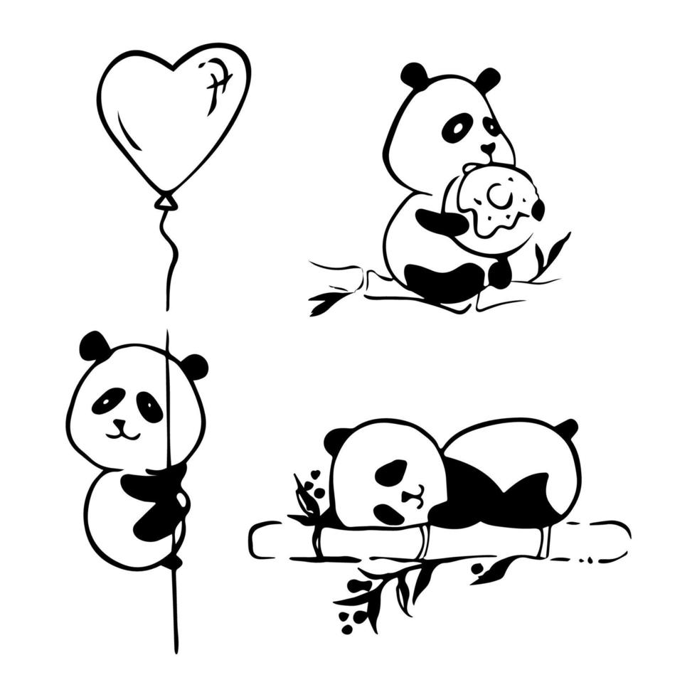 lindo osito panda en diferentes poses sobre fondo blanco. divertidos iconos de concepto de logotipo de animal panda. en blanco y negro. ilustración vectorial vector