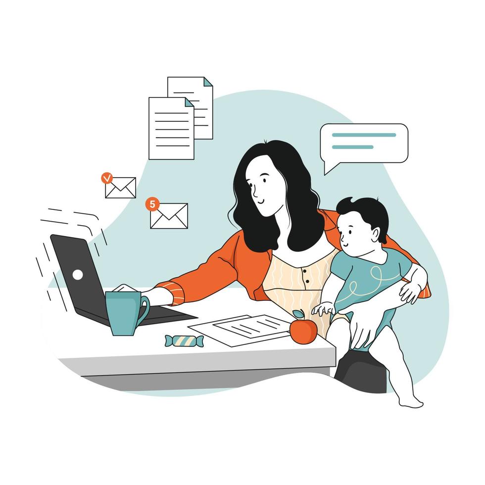 joven madre con hijo trabajando en la computadora portátil desde casa. trabajadora independiente con hijo en el lugar de trabajo. trabajo en línea, concepto de maternidad. estilo dibujado a mano, ilustración vectorial. vector