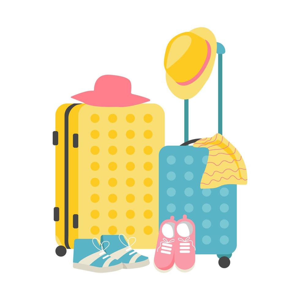 Suitcase with things for Travel or vacation. Hats, shoes, clothes. Vector flat design illustration.