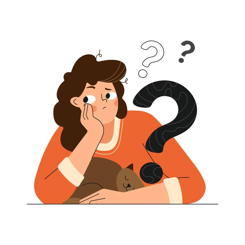 Young woman sitting with cat Thinks. Womans Thinking, problem solving, finding solution, critical Thinking, decision making. Woman with a Question mark. Flat cartoon vector illustration.