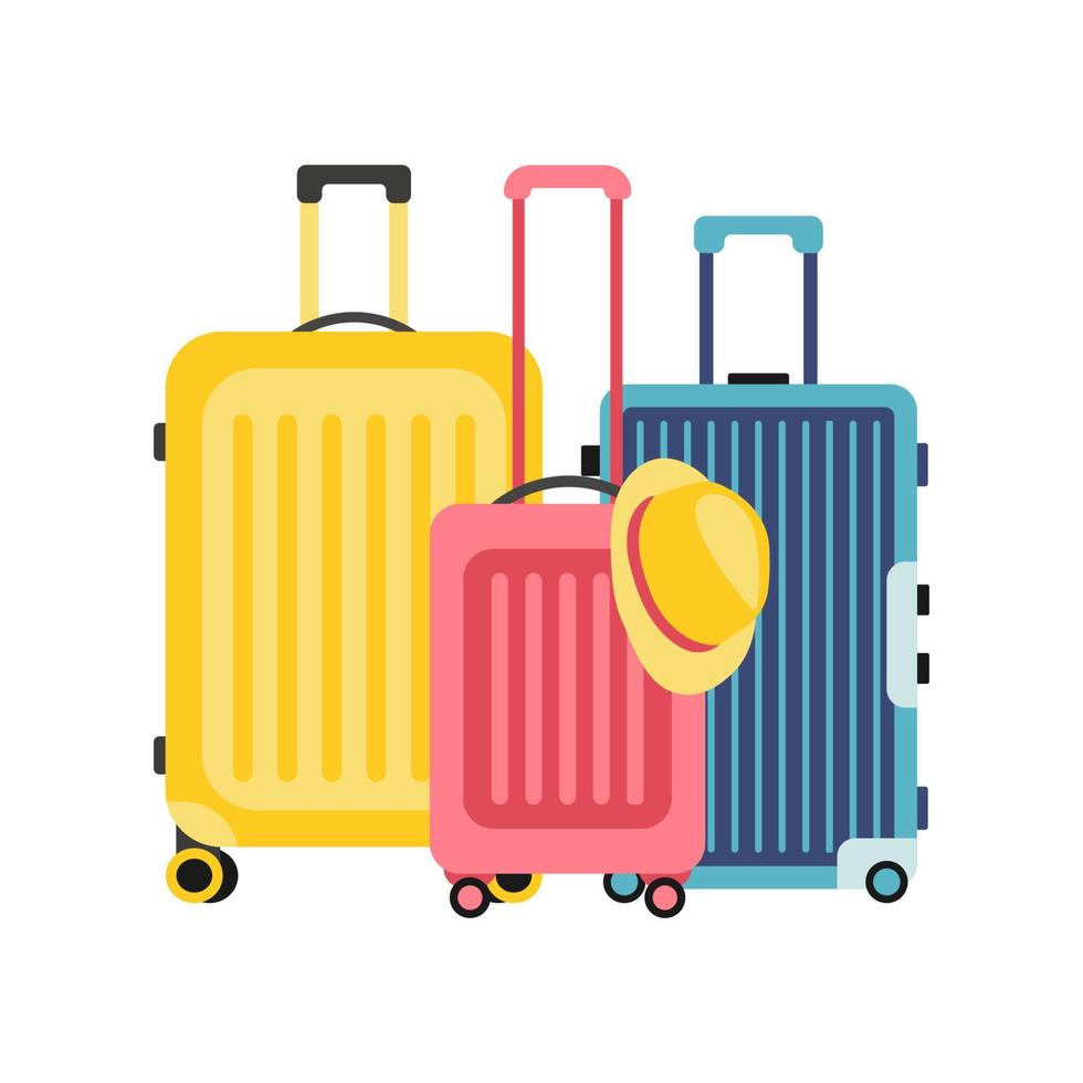 Set of three Suitcases. Travel Suitcases and summer Hat. Family Suitcases. Vacation concept. Element for your Travel design. Flat style, vector illustration.