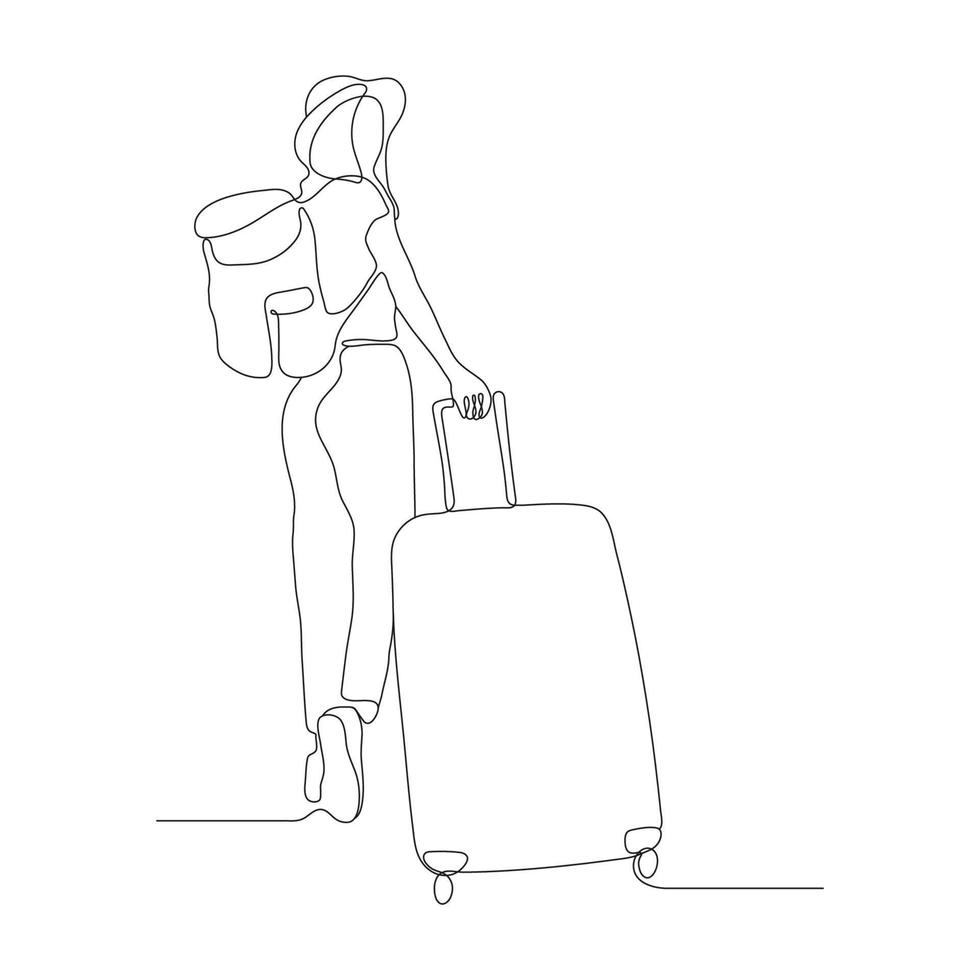 Continuous Line art or One Line Drawing of a Travel girl with a Suitcase. Drawing by hand. Vector illustration.