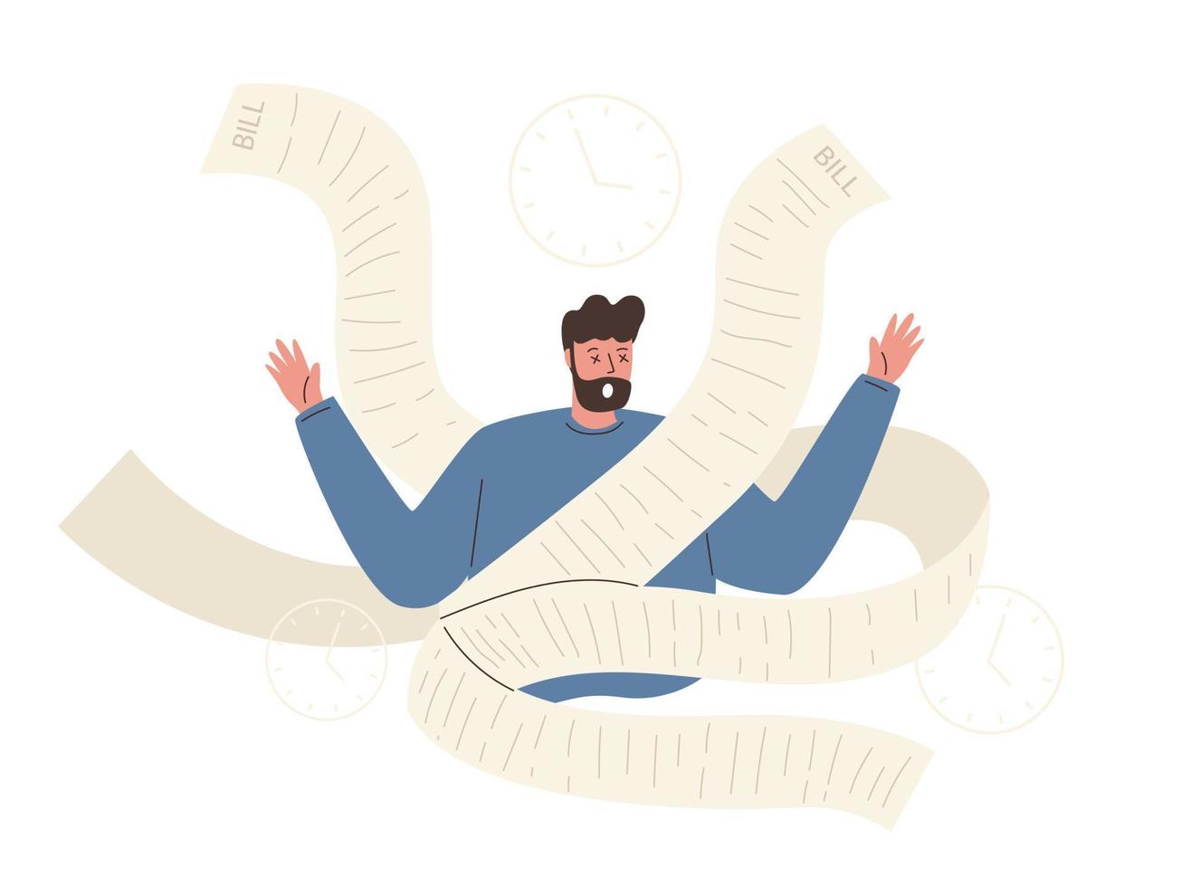 Stressed man have no money to pay debts, can not pay bills, financial troubles. vector