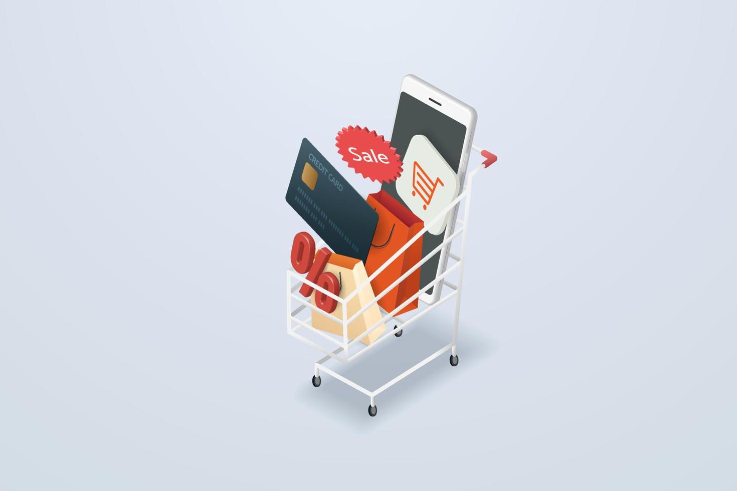 Online shopping via smartphone discount 3d text, credit card, paper bag, mobile in cart vector