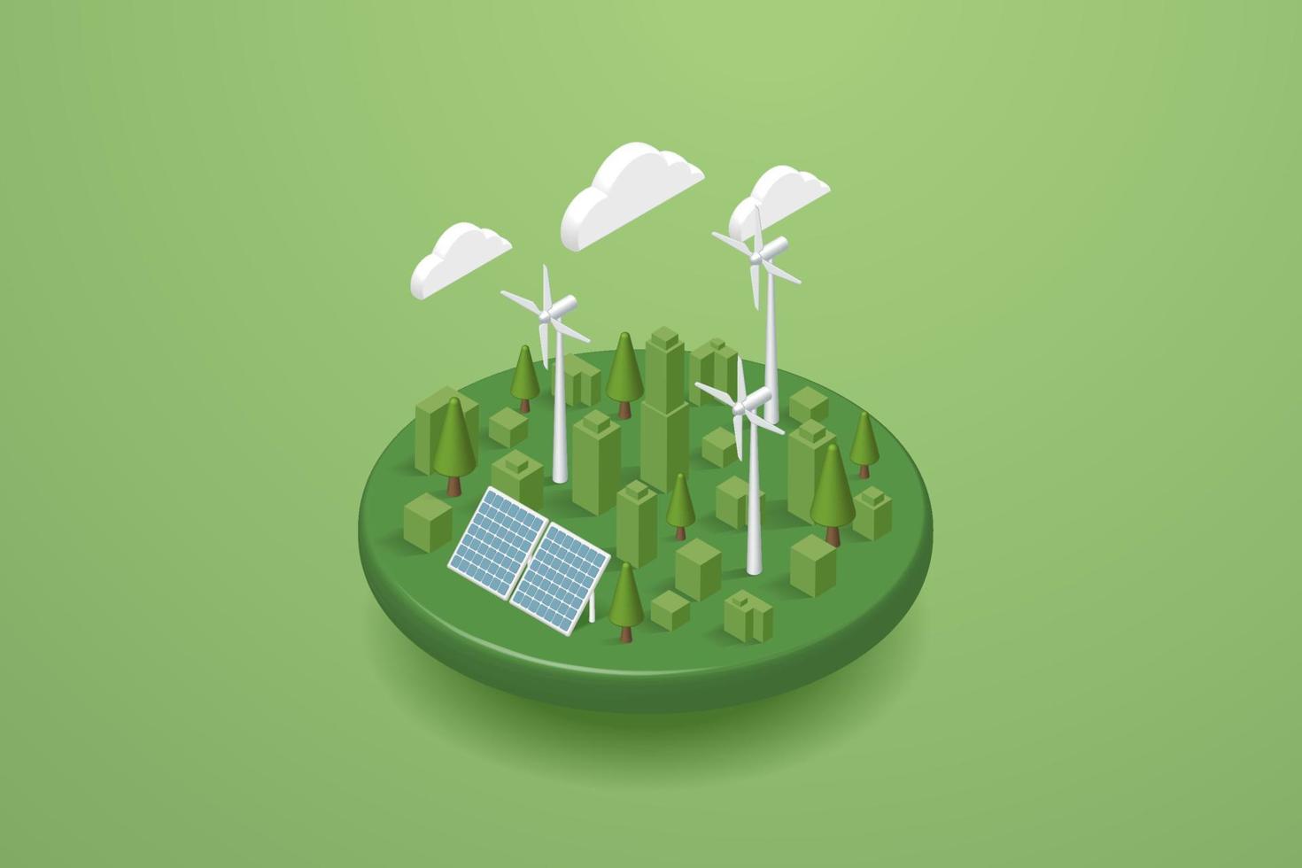 Green city generates electricity with solar panels. Solar energy and wind turbines Clean energy vector