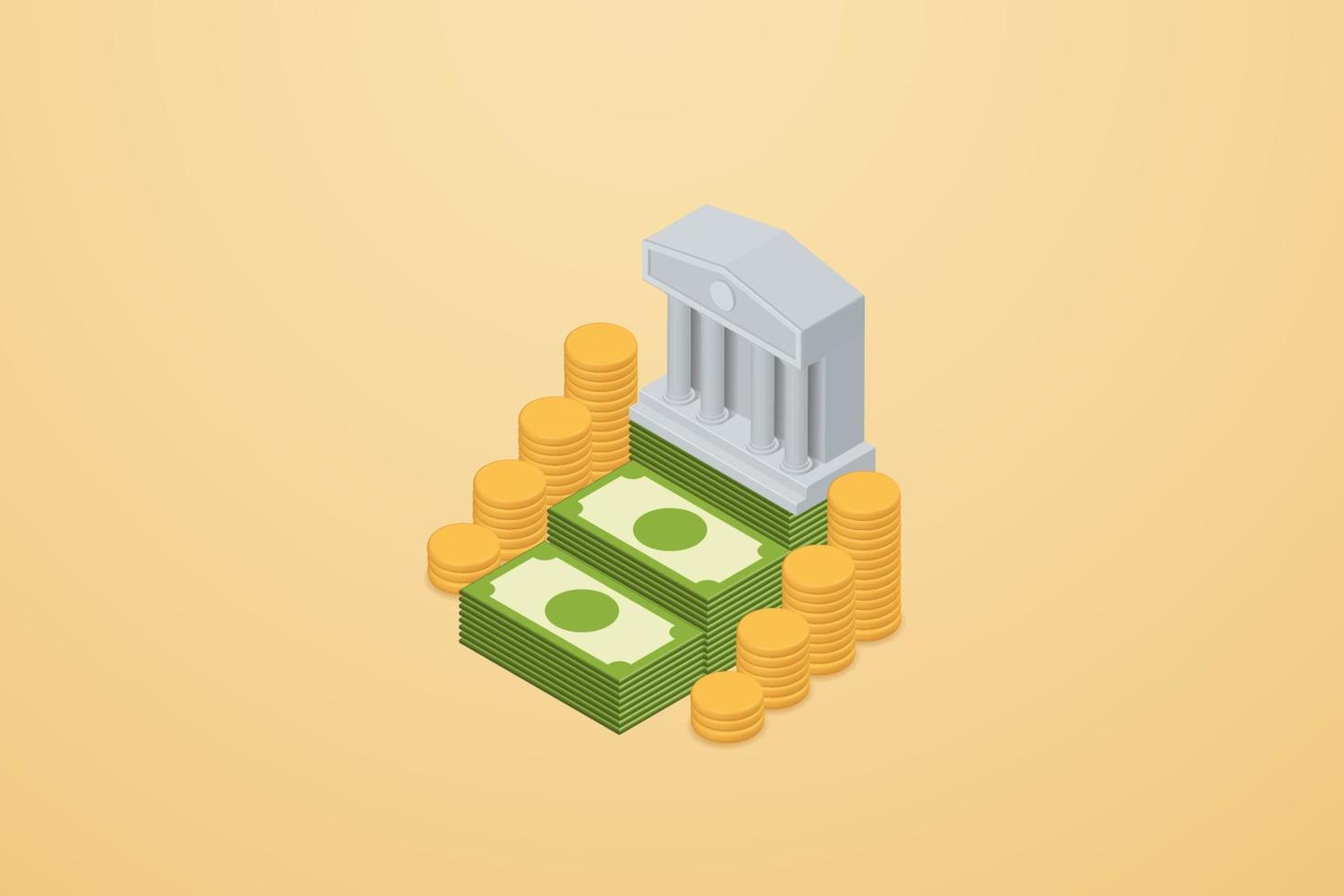 Bank building on icon paper banknotes with coins vector