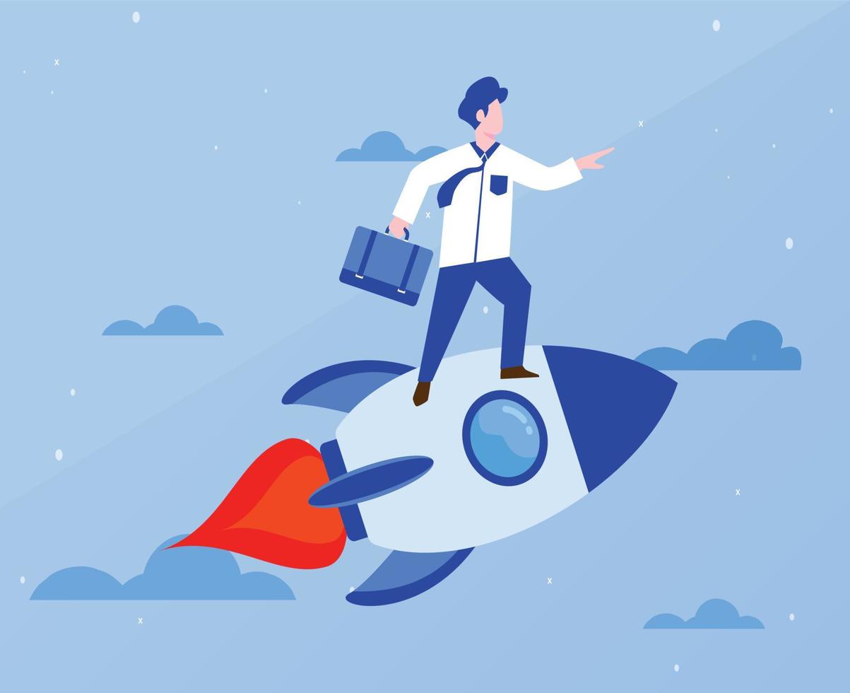 illustration of office worker standing on rocket for business and finance background vector