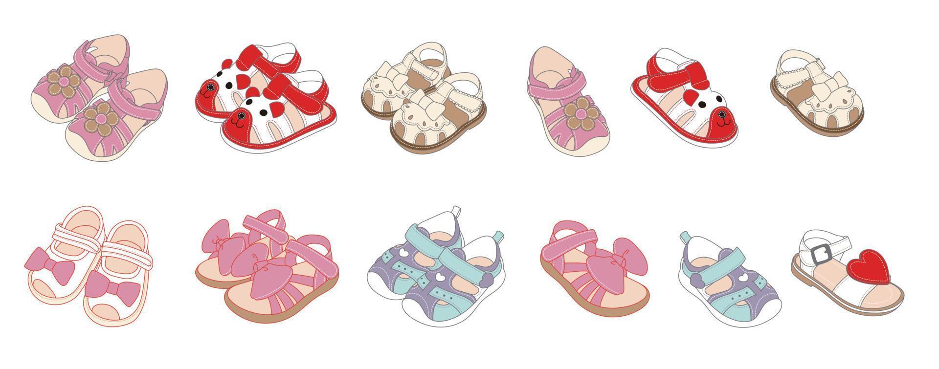 zapatos de verano para bebés, conjunto de adornos de zapatos para niños vector