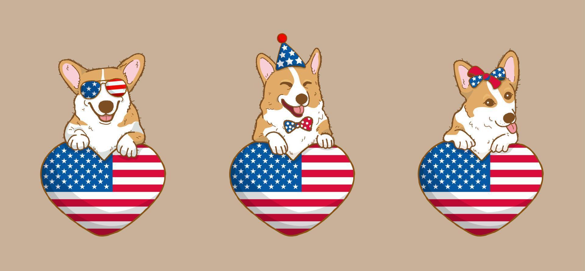 lindo perro corgi con bandera de estados unidos calor día de la independencia americana 4 de julio y vector del día conmemorativo