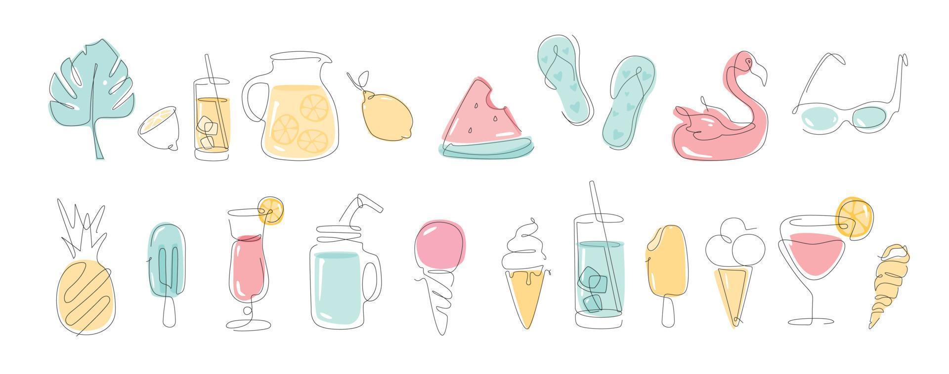 verano uno elementos lineales. esquema simple de verano con helados, bebidas y frutas. colección de símbolos de arte de línea de verano y vacaciones. vector