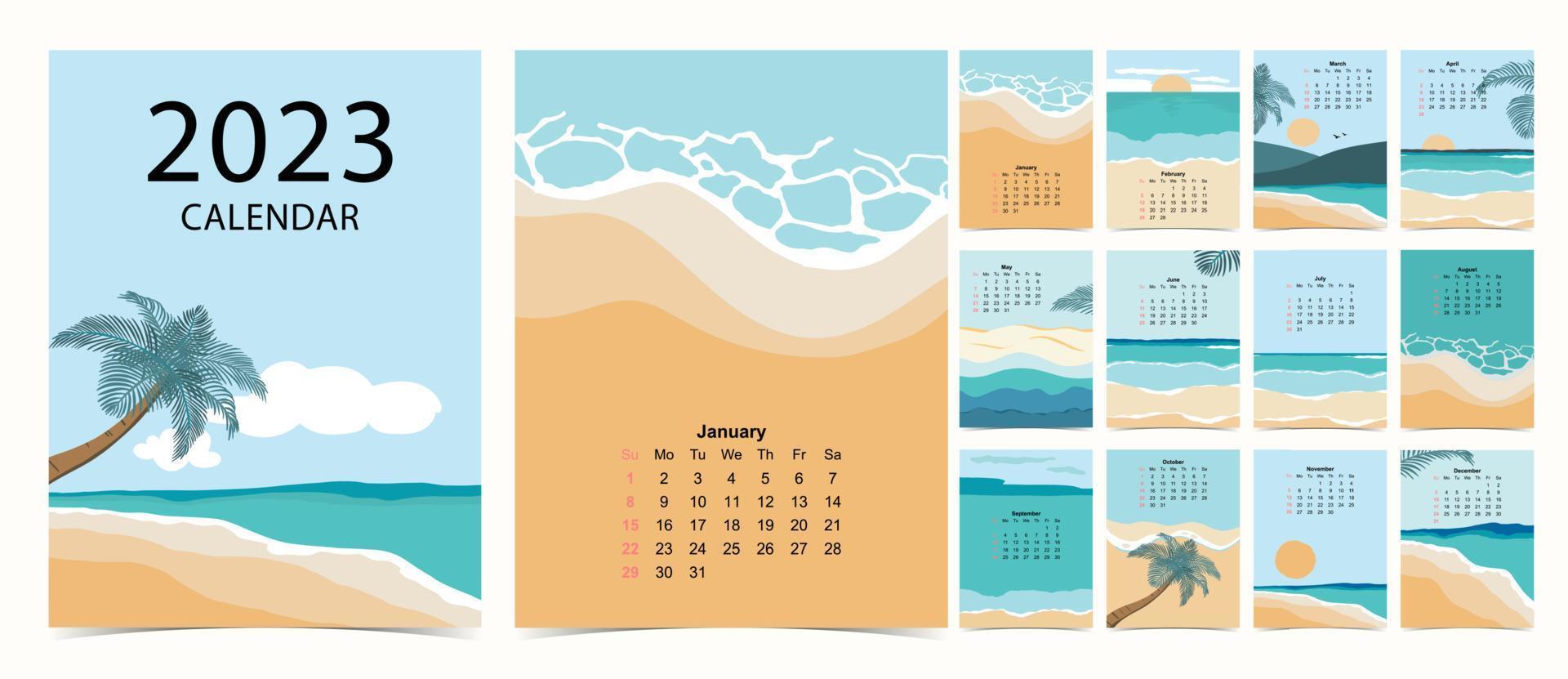 La semana del calendario de mesa 2022 comienza el domingo con la playa y el mar que se utilizan para el tamaño a4 a5 vertical digital e imprimible vector