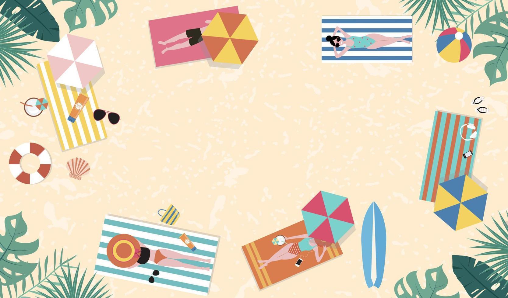 fondo de venta de verano con gente diminuta, sombrillas, pelota, anillo de natación, gafas de sol, tabla de surf, sombrero, sandalias en la vista superior beach.vector banner de verano vector