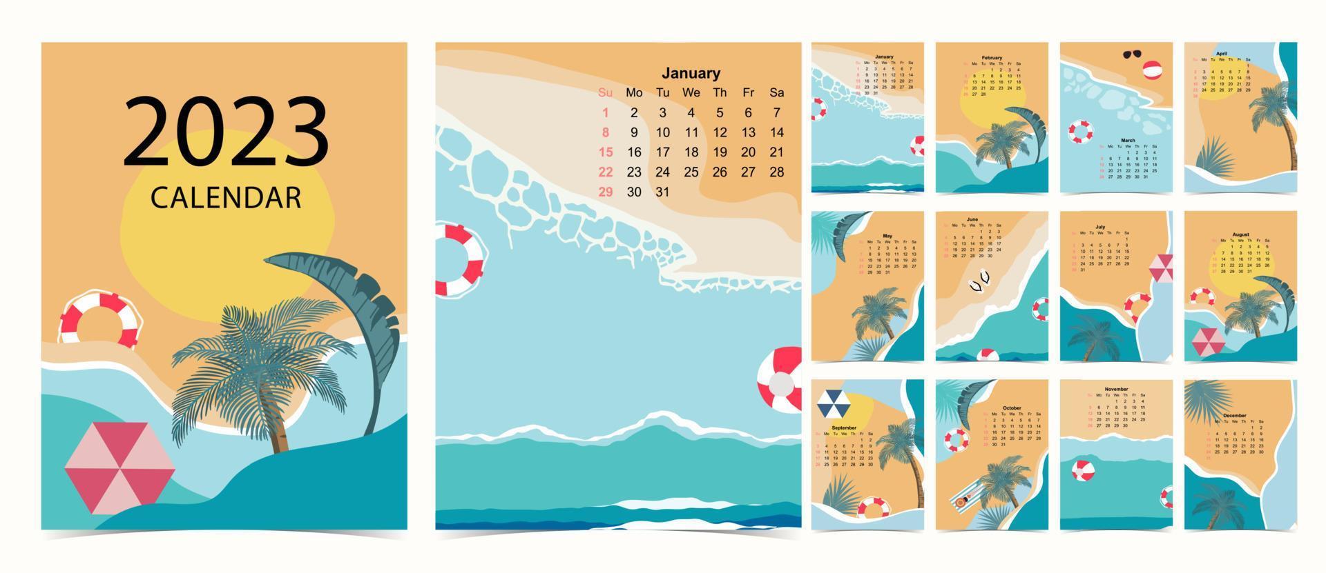 La semana del calendario de mesa 2022 comienza el domingo con la playa y el mar que se utilizan para el tamaño a4 a5 vertical digital e imprimible vector