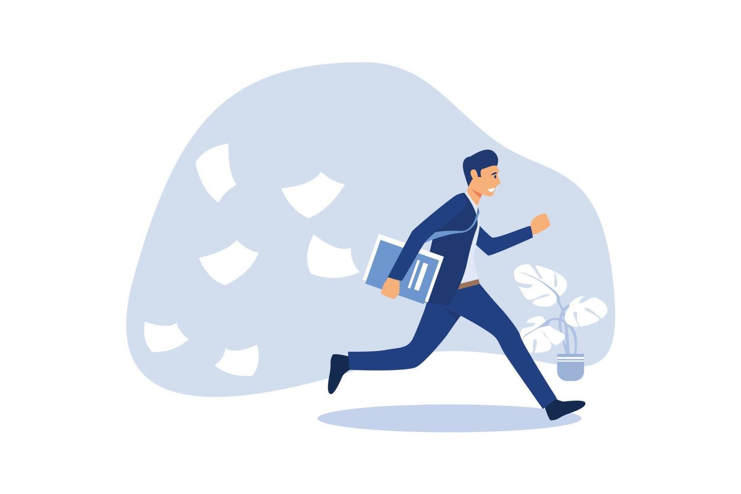 Businessman running and hurry up. businessman running with falling papers from briefcase time management deadline concept vector