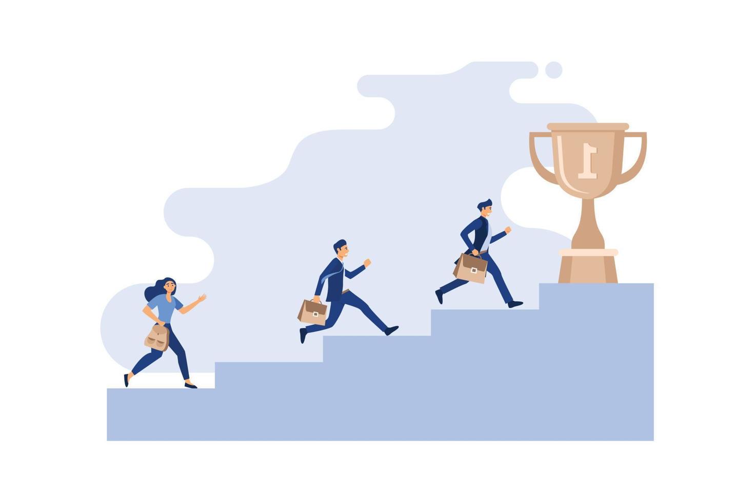 equipo corriendo hacia la cima - tres empresarios corriendo escaleras hacia la meta, el líder tiene un trofeo en la mano. trabajo en equipo y concepto ganador. ilustración vectorial plana. vector