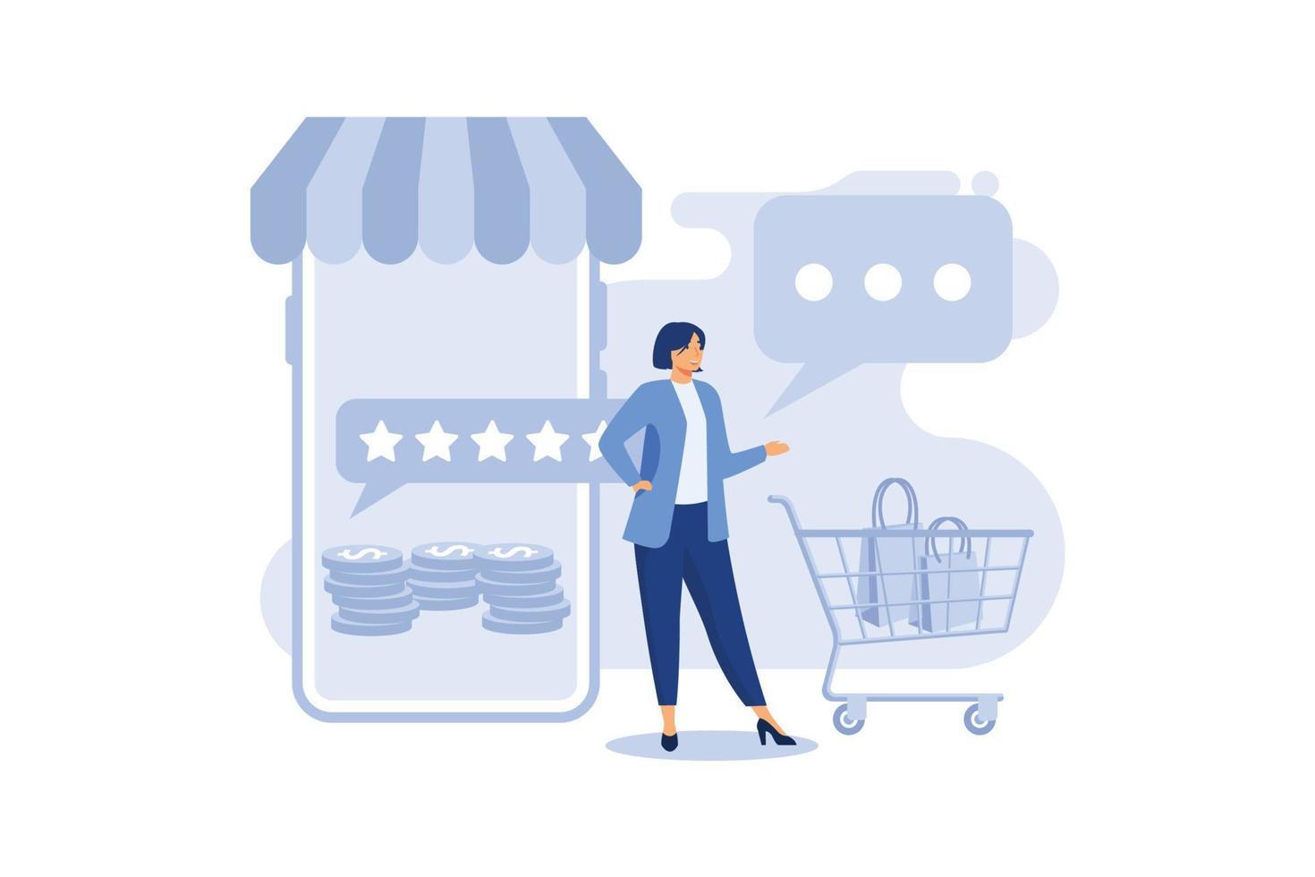 Feedback concept. Customer review rating online shopping. Online store app reputation. Shopping online ranking with a star. Vector, illustration, EPS, flat. vector