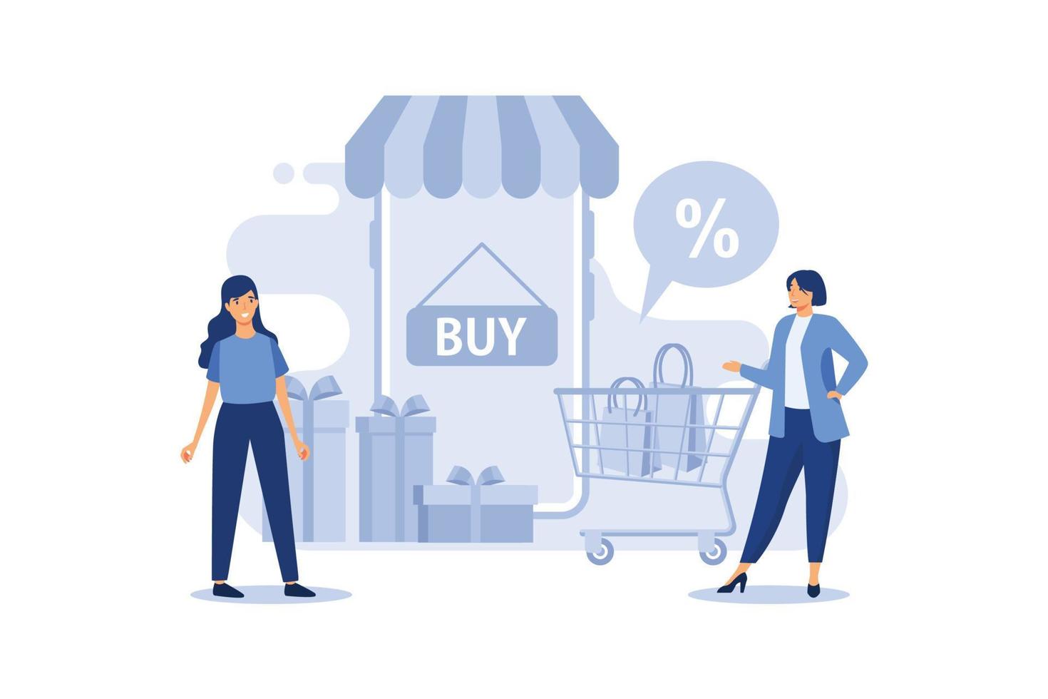 women with shopping cart and commercial vector flat illustration