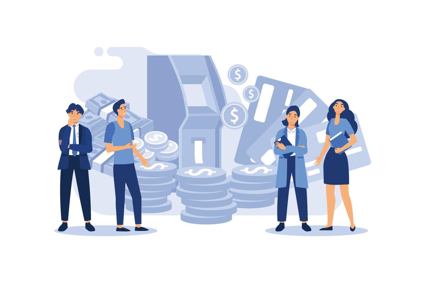 Atm business concept. Customers with credit card withdrawal money standing in line at bank atm flat vector illustration
