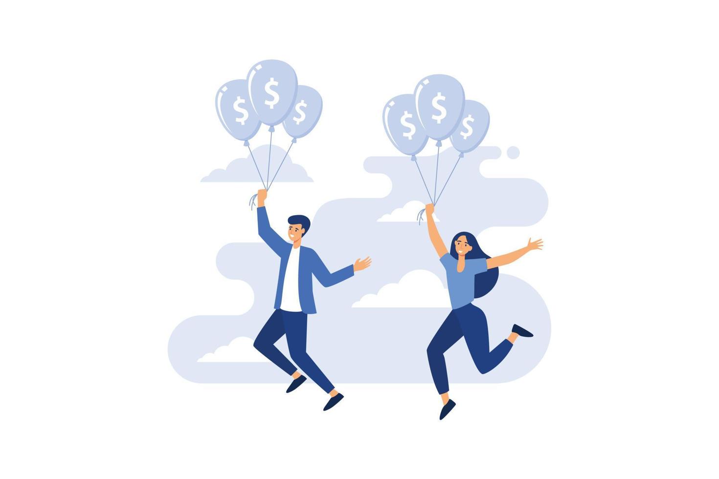 Businessman flying on balloons with currency symbols dollar. Success in business and development. Vector illustration.